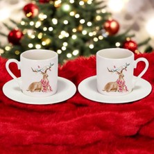 PremiumPort Sevimli Geyik Desenli Ikili Porselen Türk Kahvesi Seti, Yılbaşı Hediye