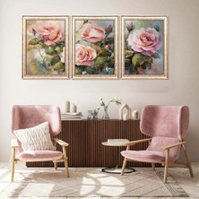 Bestablo 3 Parça Pembe Güller Eskitme Çerçeveli Ahşap Tablo Seti, Ev Dekoru