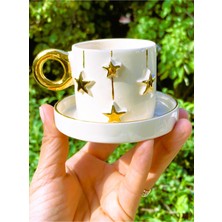 PremiumPort El Yapımı 24 Ayar Altın Detaylı Yıldız Kabartmalı Türk Kahvesi Fincanı 100 ml