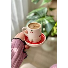 PremiumPort El Yapımı Kiraz Motifli 2 Kişilik 4 Parça Kahve Fincanı Seti