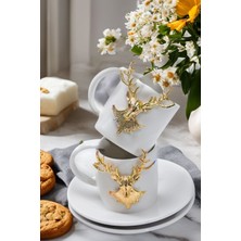 PremiumPort 2'li Altın Geyik Seramik Kahve Bardağı ve Fincan Seti