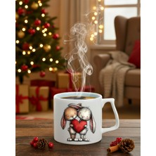 Finka Dekor Sevimli Tavşanlar Kalp Tasarımlı Beyaz Kupa Bardak - Sevgililer Gününe Özel