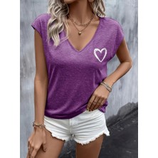 Marsilyan Kadın Kısa Kollu V Yakalı Kalp Baskılı Viskon Bluz