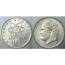 Banknoting Yunanistan 10 Drahmi 1982 Demokritos ve Atom Temalı. 26 mm Çilaltı.