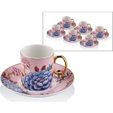 PremiumPort Şık Floral Pembe 6 Parça Kahve Fincanı Seti, Zarif ve Modern Tasarım