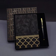 MiraLive Gold Desen Siyah Deri Defter Kalem Set