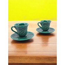 PremiumPort Turkuaz Kabartma Desenli 2 Kişilik Kahve Fincan Takımı