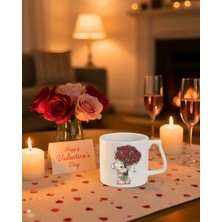 Finka Dekor Kırmızı Gül Buketi Tutan Ayıcık Tasarımlı Kupa Bardak - Sevgiliye Zarif ve Romantik Hediye