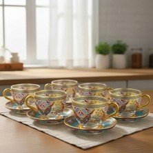 PremiumPort Yaldızlı El Boyama Cam Çay Fincan Seti 6 Kişilik, 6 x 235 ml