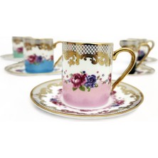 PremiumPort Renkli Güllü Silindir Porselen Fincan Takımı, Şık ve Zarif Tasarım