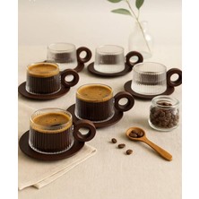 PremiumPort 12 Parça Kahve Çay Fincan Seti, Akasya Kulplu ve Tabaklı, Şık Tasarım