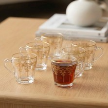 PremiumPort Yaldızlı Kazıma Desenli Cam Çay Fincan Seti 6'lı, El Boyama, 190 ml