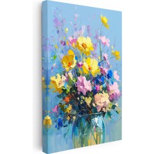 Tablofest Dikey Kanvas Tablo Mavi Vazoda Sarı ve Pembe Çiçekler Çiçek Tablosu Ev Ofis Duvar Dekoru
