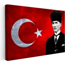 Tablofest Yatay Kanvas Tablo Atatürk Kalpaklı Bayrak Dokusu Atatürk Tablosu Ev Ofis Duvar Dekoru