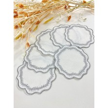 PremiumPort 6'lı Keten Kumaş Gümüş Sim Nakışlı Kahve Yanı Seti