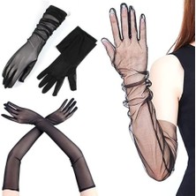 adissa collection Uzun Boy Likralı Siyah Renk Yetişkin Mega Tül Eldiven 53 cm