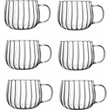 PremiumPort Çizgili 350ML Cam Kupa Bardak Seti, Isıya Dayanıklı Fincan, 6'lı Paket