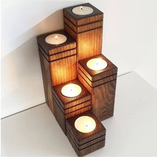 PremiumPort Şık 5'li Ahşap Mumluk Seti, Ceviz Renk, Modern Tasarım