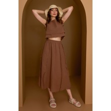 FullaModa Beli Lastikli Püsküllü Etekli Müslin 2 Li Takım