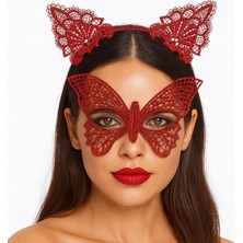 MiraLive Gösterişli Kırmızı Dantel Maske ve Taç Seti 7 No – Masquerade ve Davetler Için