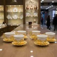 Seçilir Dekoratif Premium Altın Kaplama Lale Desenli 6 Kişilik Beyaz Porselen Türk Kahvesi Fincan Takımı
