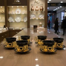 Seçilir Dekoratif Premium Altın Kaplama Lale Desenli 6 Kişilik Siyah Porselen Türk Kahvesi Fincan Takımı