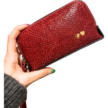 Pinkylola Design - Make -Up Model Bordo Eskıtme Baskılı Hakiki Deri Cüzdan Makyaj Çantası