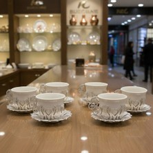 Seçilir Dekoratif Premium Gümüş Kaplama Lale Desenli 6 Kişilik Beyaz Porselen Türk Kahvesi Fincan Takımı