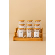 PremiumPort 9'lu Cam Bambu Baharat Seti, Vakum Kapaklı ve Merdivenli Standlı