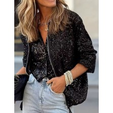 Arben Boutique Kadın Uzun Kollu Önü Fermuarlı Kısa Pulpayet Ceket