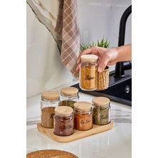 PremiumPort Şeffaf Etiketli 6'lı Ahşap Stantlı Cam Baharatlık Seti 150CC