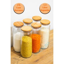 PremiumPort 6'lı Ahşap Kapaklı Çizgili Cam Saklama Kavanozu Seti 1500 ml