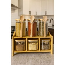 PremiumPort 6'lı Bambu Standlı Borosilikat Cam Baharatlık Seti, Çizgili, 430 ML+330 ml