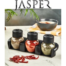 PremiumPort 3'lü Cam Baharatlık Seti, Standlı, 210ML, Tuzluk ve Biberlik