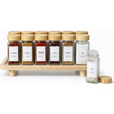 PremiumPort 12'li Bambu Kapaklı Ahşap Standlı Cam Baharatlık Seti, 120ML, Etiketli