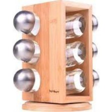 PremiumPort Bambum Tina 6'lı Dönen Baharatlık Seti, Şık ve Pratik Mutfak Aksesuarı