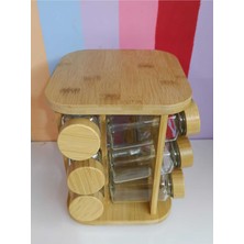 PremiumPort 12 Parça Bambu Cam Baharat Seti, Döner Standlı, Şık ve Kullanışlı Tasarım