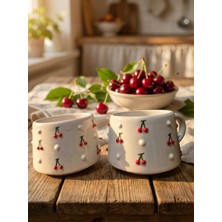Nivra Grup El Yapımı Seramik Kupa Bardak – Kabartmalı Kiraz Desenli Kahve & Çay Kupası 190 ml