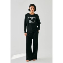 İlkyaz Fashion Kadın Siyah Sleep Mode On Oversize 2 Iplik Eşofman Ev Giyim Takımı