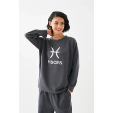 İlkyaz Fashion Kadın Füme Balık Burcu Oversize 2 Iplik Eşofman Ev Giyim Takımı