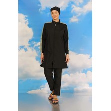 İlkyaz Fashion Kadın Pantolonlu Kolu Şeritli Tam Tesettür Mayo Siyah