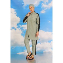 İlkyaz Fashion Kadın Pantolonlu Kolu Şeritli Tam Tesettür Mayo Su Yeşili