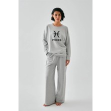 İlkyaz Fashion Kadın Gri Balık Burcu Oversize 2 Iplik Eşofman Ev Giyim Takımı