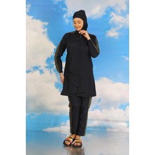 İlkyaz Fashion Kadın Pantolonlu Kolu Şeritli Tam Tesettür Mayo Lacivert