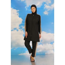 İlkyaz Fashion Kadın Pantolonlu Kolu Şeritli Tam Tesettür Mayo Siyah