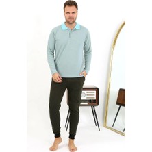İlkyaz Fashion Erkek Polo Yaka Uzun Kol Penye Pijama Takımı Su Yeşili