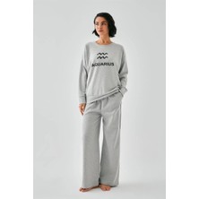 İlkyaz Fashion Kadın Gri Kova Burcu Oversize 2 Iplik Eşofman Ev Giyim Takımı