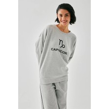 İlkyaz Fashion Kadın Gri Oğlak Burcu Oversize 2 Iplik Eşofman Ev Giyim Takımı