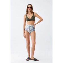 İlkyaz Fashion Kadın Haki Pedli Üst ve Yüksek Bel Çiçek Desenli Bikini Takımı
