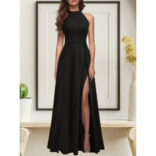 Etiler Collection Kadın Halter Yaka Derin Yırtmaç Detaylı Tam Boy Ithal Krep Abiye Elbise